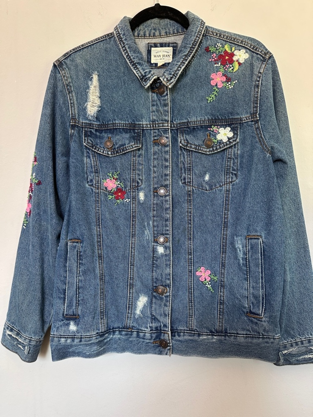 Oversized Denim Jacket with Pink, Red & White Floral Embroidery